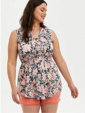 TORRID Baby Doll Stretch Challis Floral Lace-Up Knit Tunic Top Pocket Sz 2X